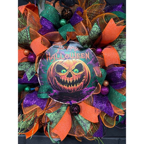 Halloween Wreath For Front Door Spooky Pumpkin Purple Orange Green 28 inch - Picture 4 of 6